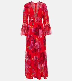 Платье макси из шелка с цветочным декором Camilla, красный