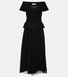 Плиссированное платье миди с открытыми плечами Self-Portrait, черный