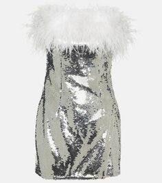 Мини-платье с перьями и пайетками Self-Portrait, серебро