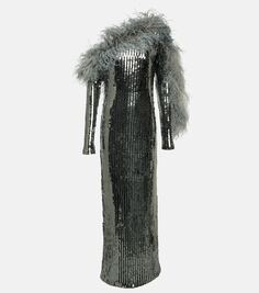 Платье garbo disco, отделанное перьями и пайетками Taller Marmo, серебро