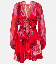 Шелковое мини-платье с цветочным декором Camilla, красный