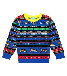Жаккардовый свитер с логотипом и смесовым хлопком Kenzo Kids, мультиколор