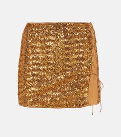 Мини-юбка с перьями и пайетками Oséree, золото