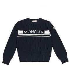 Хлопковый свитер ребристой вязки Moncler Enfant, синий