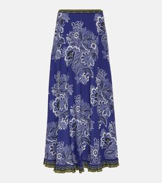 Шелковая юбка макси с цветочным принтом Etro, синий