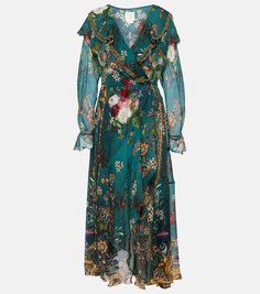 Шелковое платье миди с оборками и запахом Camilla, мультиколор
