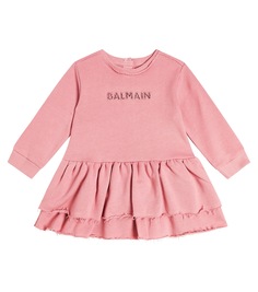 Платье из хлопкового джерси с оборками и логотипом Balmain Kids, розовый