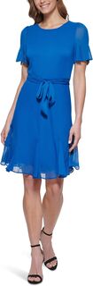 Платье с короткими рукавами и юбкой-годе с завязкой на талии DKNY, цвет Blue Lagoon