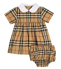 Хлопковое платье в клетку baby burberry с шароварами Burberry Kids, бежевый