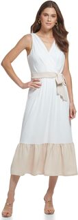 Платье миди с V-образным вырезом и оборками по подолу DKNY, цвет Ivory/Elegant Beige