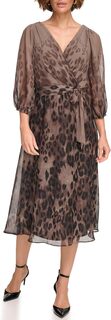 Платье с искусственным запахом и рукавами-фонариками DKNY, цвет Brown Multi