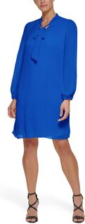 Плиссированное платье прямого кроя с длинными рукавами и галстуком на шее DKNY, цвет Cosmic Blue