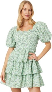 Многоярусное льняное платье со сборками и жатым цветочным принтом English Factory, зеленый
