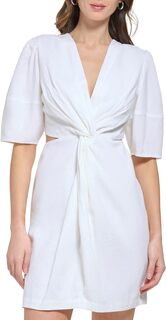 Льняное платье миди с короткими рукавами и боковым вырезом DKNY, белый