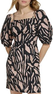 Льняное платье миди с короткими рукавами и принтом на бретелях DKNY, цвет Black/Cafe Au Lait Multi