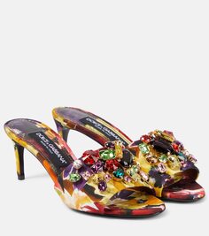Атласные мюли со стразами и цветочным узором Dolce&amp;Gabbana, мультиколор