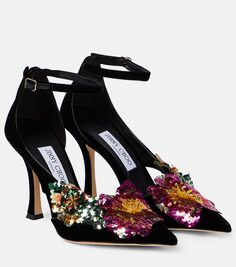 Бархатные туфли azara 100 с цветочной аппликацией Jimmy Choo, черный