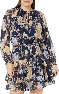 Платье больших размеров из жатого жоржета с цветочным принтом и поясом LAUREN Ralph Lauren, цвет Navy Multi