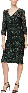 Короткое платье-футляр с V-образным вырезом, иллюзионным вырезом и рукавами 3/4 Alex Evenings, цвет Black/Green