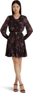 Платье из жоржета с цветочным принтом и оборками LAUREN Ralph Lauren, цвет Brown/Purple/Multi