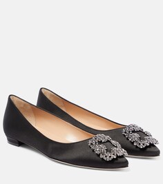 Атласные балетки hangisi flat с декором Manolo Blahnik, черный