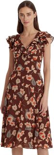 Платье из жоржета с цветочным принтом и оборками LAUREN Ralph Lauren, цвет Maroon/Orange/Cream