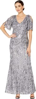 Длинное платье-трапеция с V-образным вырезом и развевающимися рукавами с открытыми плечами Alex Evenings, цвет Silver