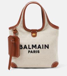 Маленькая холщовая сумка-тоут с кожаной отделкой Balmain, бежевый