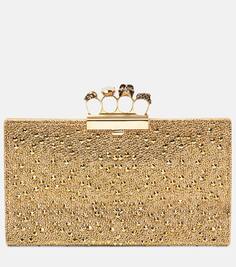 Плоский кожаный клатч с декором и драгоценными камнями Alexander Mcqueen, золото