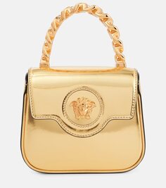 Миниатюрная кожаная сумка-тоут la medusa с эффектом металлик Versace, золото