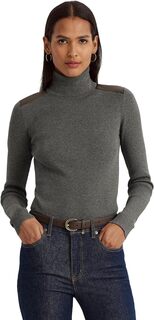 Свитер Petite Faux Leather Trim Ribbed Turtleneck LAUREN Ralph Lauren, цвет Modern Grey Heather