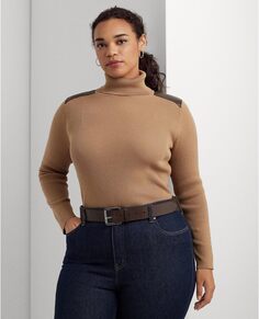 Свитер Plus Size Faux Leather Trim Ribbed Turtleneck LAUREN Ralph Lauren, цвет Classic Camel