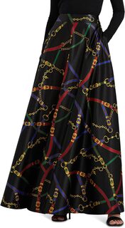 Атласная длинная юбка с поясом и принтом LAUREN Ralph Lauren, цвет Black/Blue Multi