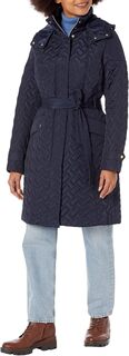 Фирменная стеганая куртка с поясом и воротником-стойкой Cole Haan, темно-синий