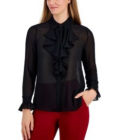 Женская прозрачная блузка с длинными рукавами и рюшами Anne Klein, черный
