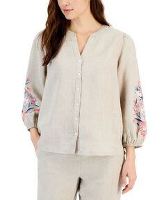Женская блузка с вышитыми рукавами из 100% льна Charter Club, тан/бежевый