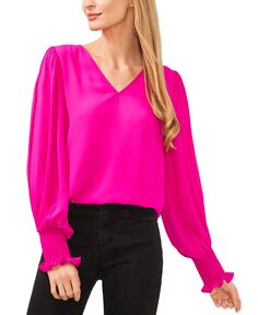 Женская блузка с длинными рукавами и присборенными манжетами и V-образным вырезом CeCe, розовый