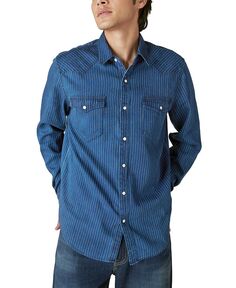 Мужская рубашка в западном стиле с длинными рукавами и застежкой в полоску в железнодорожную полоску Lucky Brand, синий