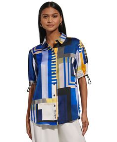 Женская блузка с банджи-рукавами и фирменным принтом KARL LAGERFELD PARIS, цвет Lapis Blue/ Gold Fusion