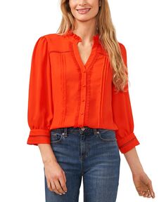 Женская блузка с защипами, рукавами 3/4 и пуговицами спереди с кружевной отделкой CeCe, оранжевый