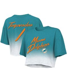 Женские нитки Tua Tagovailoa Aqua, White Miami Dolphins Drip-Dye, имя и номер игрока, укороченная футболка Tri-Blend Majestic, синий