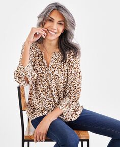 Женская блузка с металлизированным леопардовым принтом и разрезом на шее Style &amp; Co, коричневый