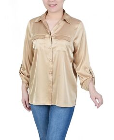 Женская атласная блузка с рукавами 3/4 и язычком на подкладке NY Collection, тан/бежевый