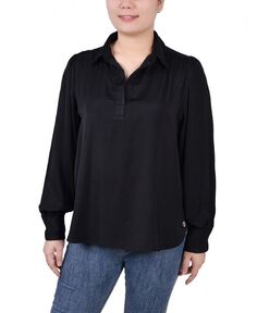 Женская атласная блузка с длинными рукавами-буфами NY Collection, черный