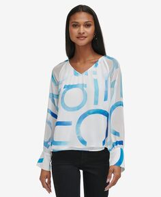 Женская блузка с v-образным вырезом и длинными рукавами с принтом Calvin Klein, цвет Soft White/Light Blue