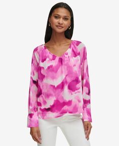 Женская блузка с v-образным вырезом и длинными рукавами с принтом Calvin Klein, розовый
