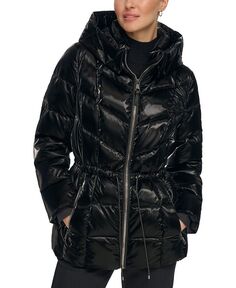 Женское блестящее пуховик с капюшоном DKNY, черный