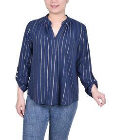 Женская блузка в полоску из фольги с длинными рукавами NY Collection, синий