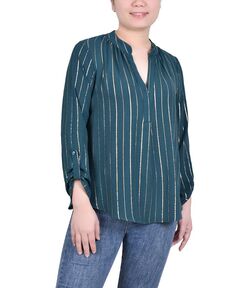 Женская блузка в полоску из фольги с длинными рукавами NY Collection, зеленый