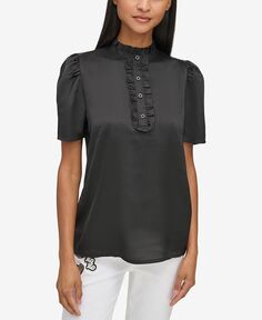 Женская блузка с короткими рукавами и рюшами KARL LAGERFELD PARIS, черный